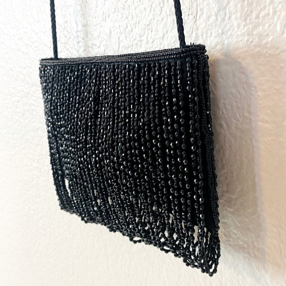 La Regale Bead Fringe Satin Black Evening Purse 7” x 4” - Picture 4 of 7